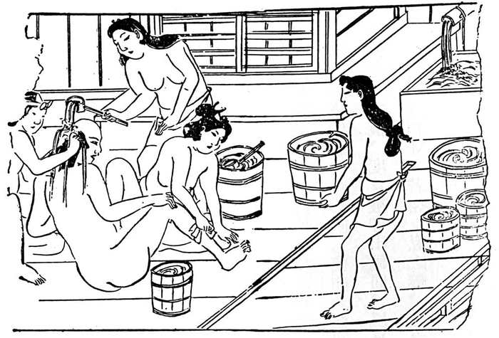 An illustration of a woman washing her body and hair during the Edo period. Regarding the young woman, Japanese media outlet Shukan Gendai said, "It is not different from the current prostitution company Softland in Japan," adding, "Softland is classified as a 'special bath', and maybe Softland is the place that most faithfully inherited the tradition of Japanese bathhouses."