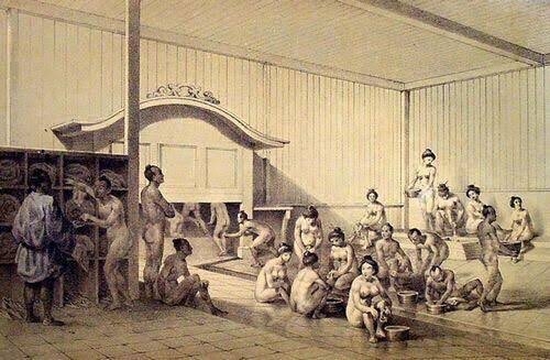 일본의 개항을 유도한 미국 페리제독의 ‘일본 원정기’에 나오는 에도시대 일본인들이 대중 목욕탕에서 목욕하는 모습을 그린 삽화.