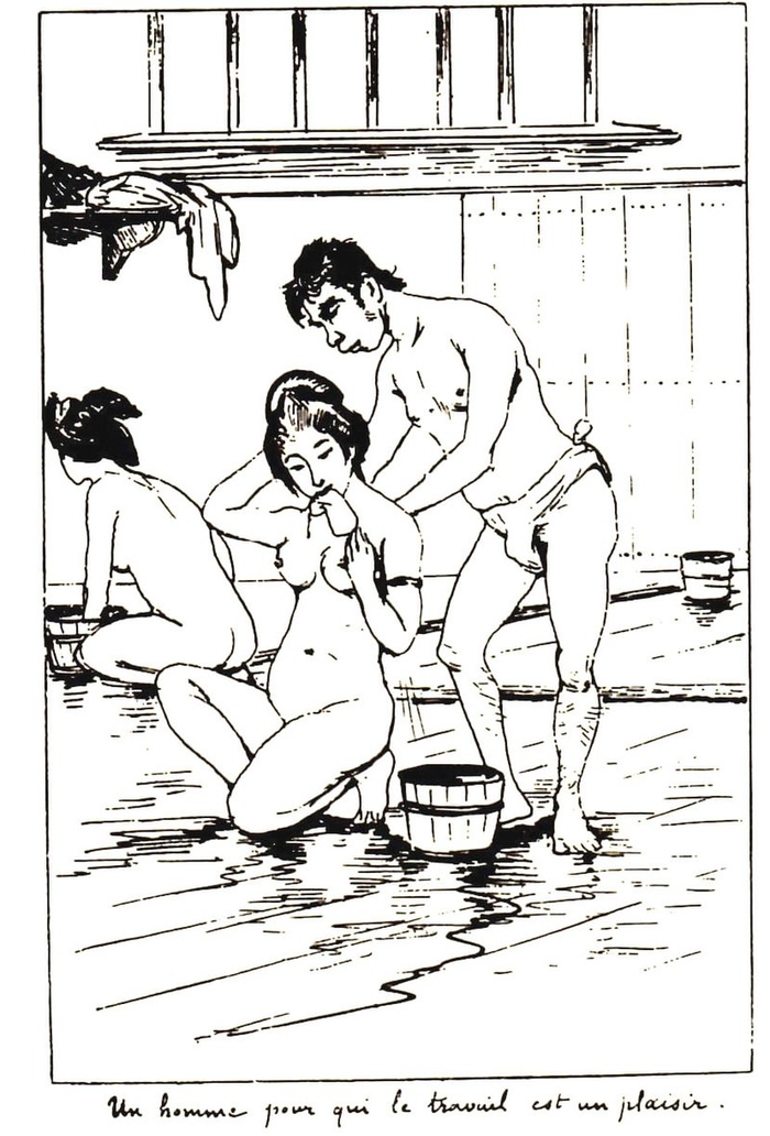 An illustration of Sansuke washing the back of a female customer.